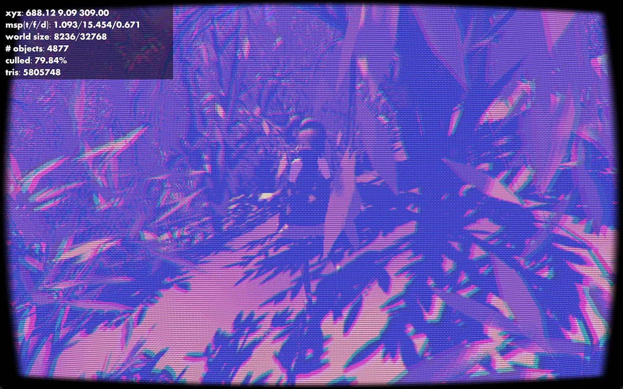 A highly postprocessed image of a player model stood amongst trees.