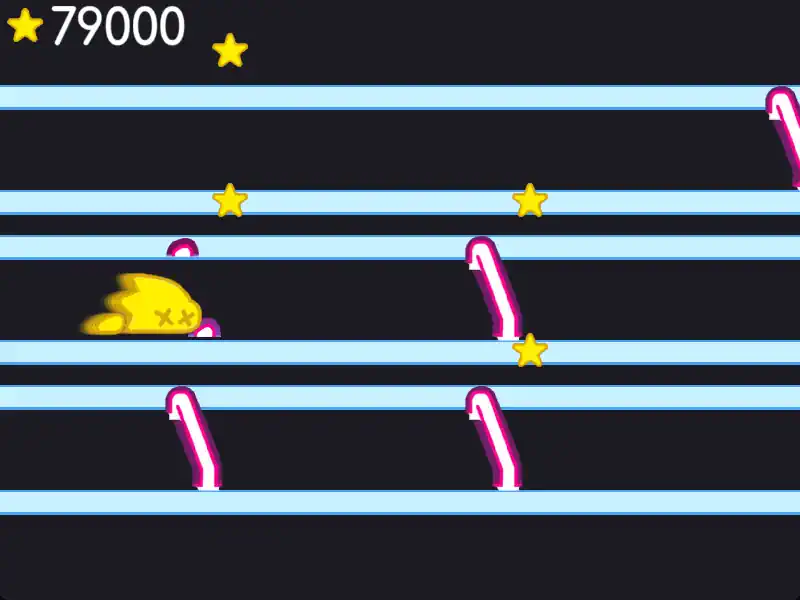 a yellow blob with x's for eyes lays dead after hitting a red barrier.