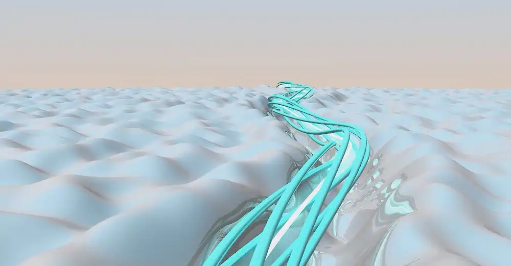 a bumpy shiny terrain criss-crossed by a cyan helix with a glowing white tube running through its center