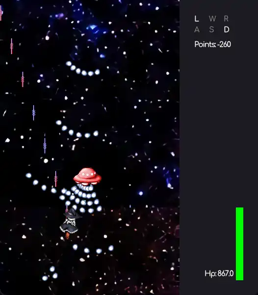 a cartoon maid witch flies on its broom over a celestial backdrop while shooting at red ufos.
